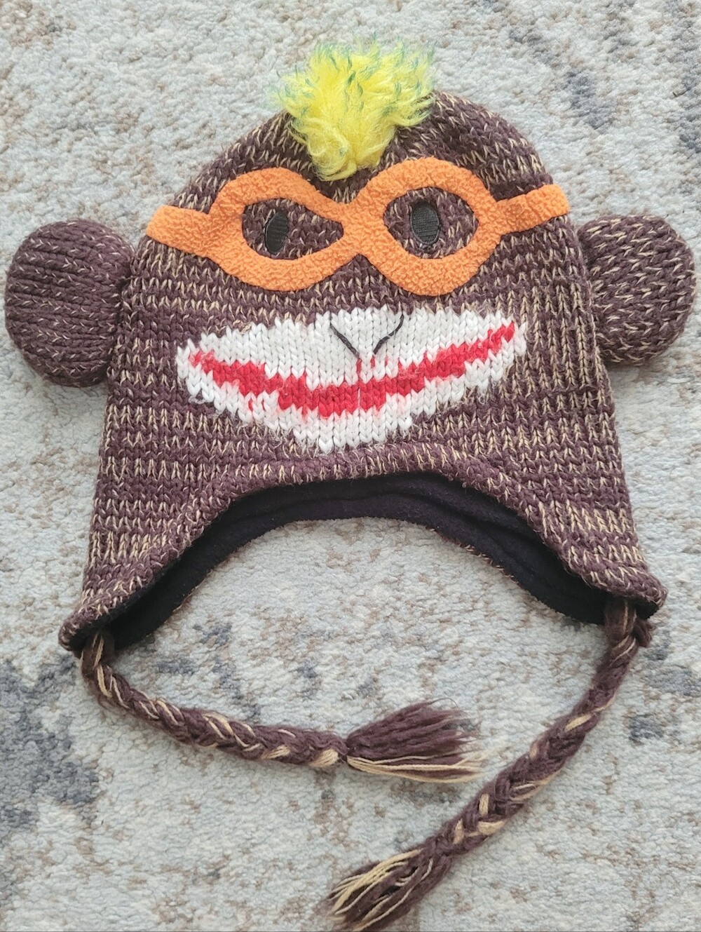 Quirky Sock Monkey Knit Earflap Hat 🐵 Y2K Fleece Lined